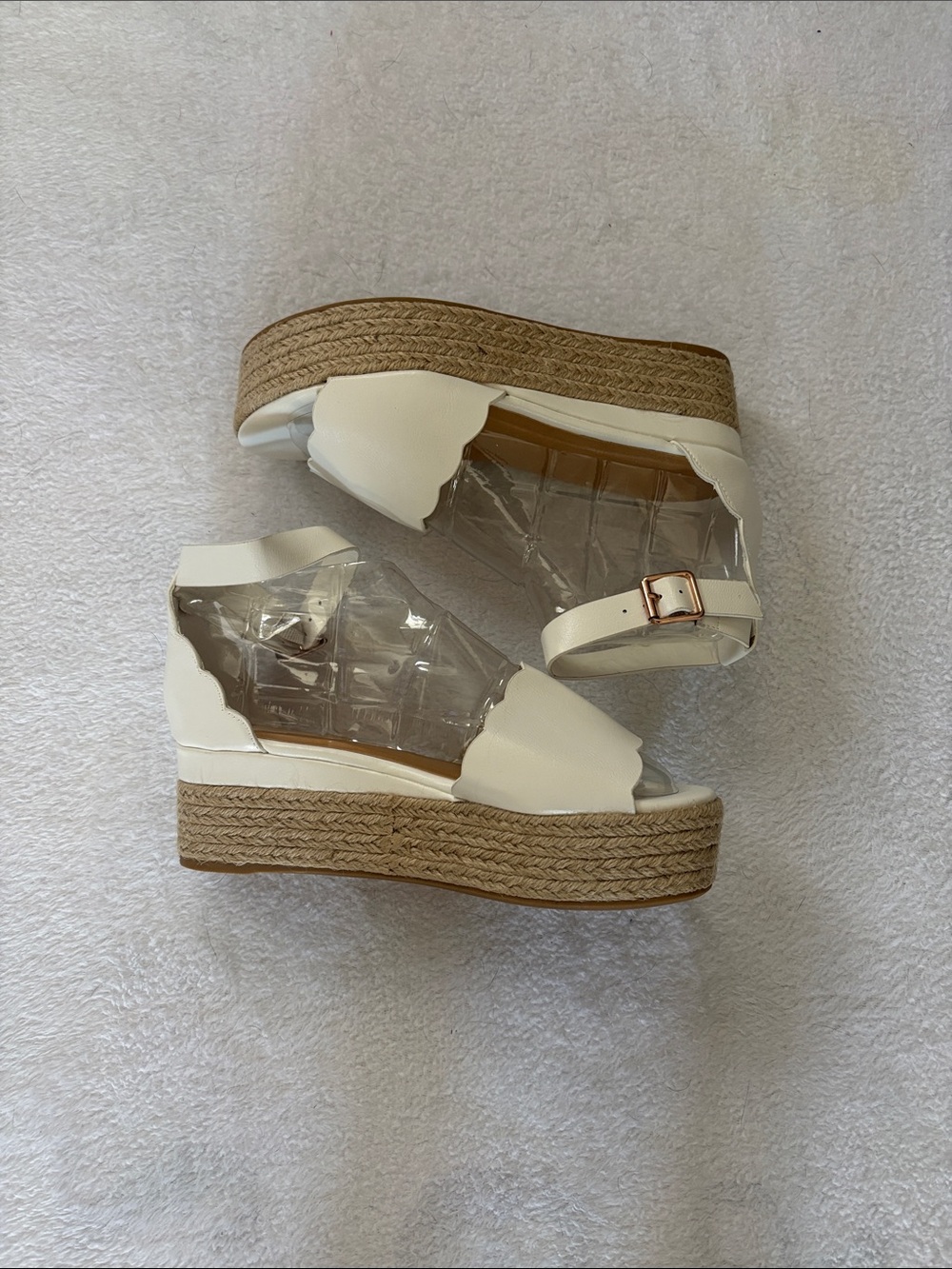 Cream Scalloped Espadrille Wedge Sandals